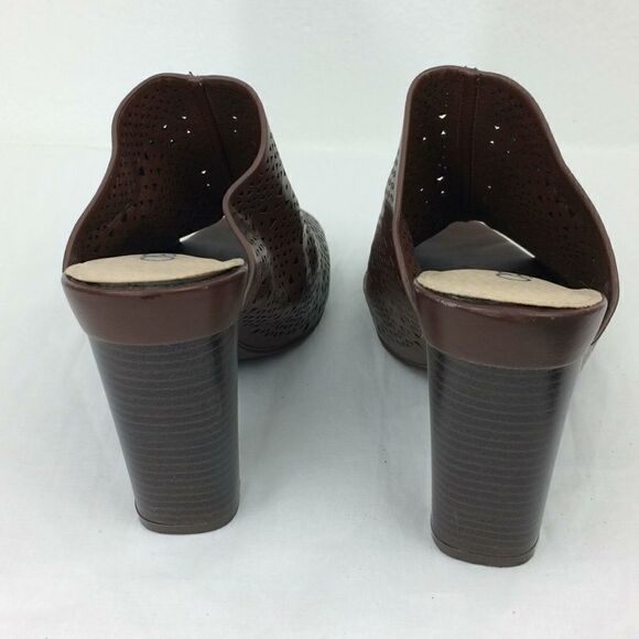 Cato Laser Cut Punch Design Brown Vegan Leather Slip on Heeled Mules - Picture 6 of 8